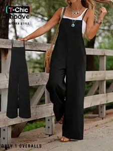 Summer Women's Casual Overalls, Sleeveless, Woven, Loose Fit, Plain Solid Pattern, Long Regular Pants, All Seasons Wear, Fashionable and Comfortable