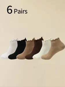 6 Pairs Women's Socks, Cute Solid Color Trimmed Ankle Socks, Perfect for Loafers and Mary Jane Shoes, Spring Fall Low Top, Casual Daily Wear