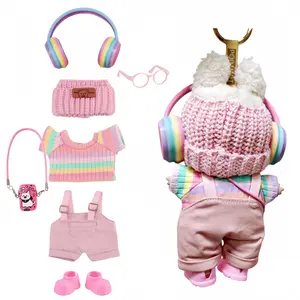17cm Labu Clothes Set 7-Piece Pink Outfit with Strap Pants T-Shirt Headphones Hat Glasses Shoes and Pendant for 1st 2nd 3rd Generation Fashion Dolls