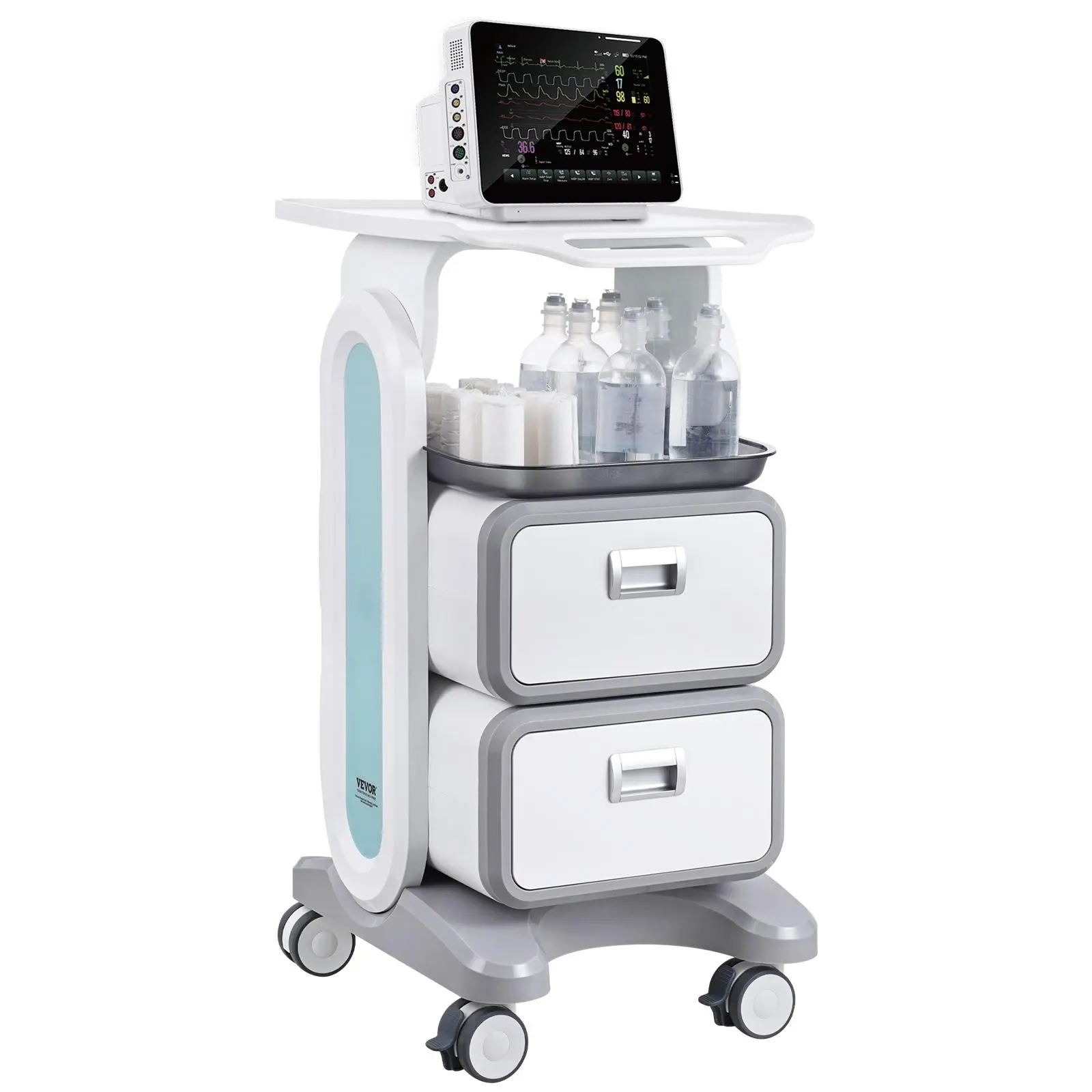 VEVOR 3 Tiers Lab Carts,  Lab Utility Cart with 2 Drawers & 1 Top Tray, Mobile Medical Cart with ABS Material, Lab Rolling Cart with 4 Silent Wheels for Lab, Clinic, Hospital, Salon, White
