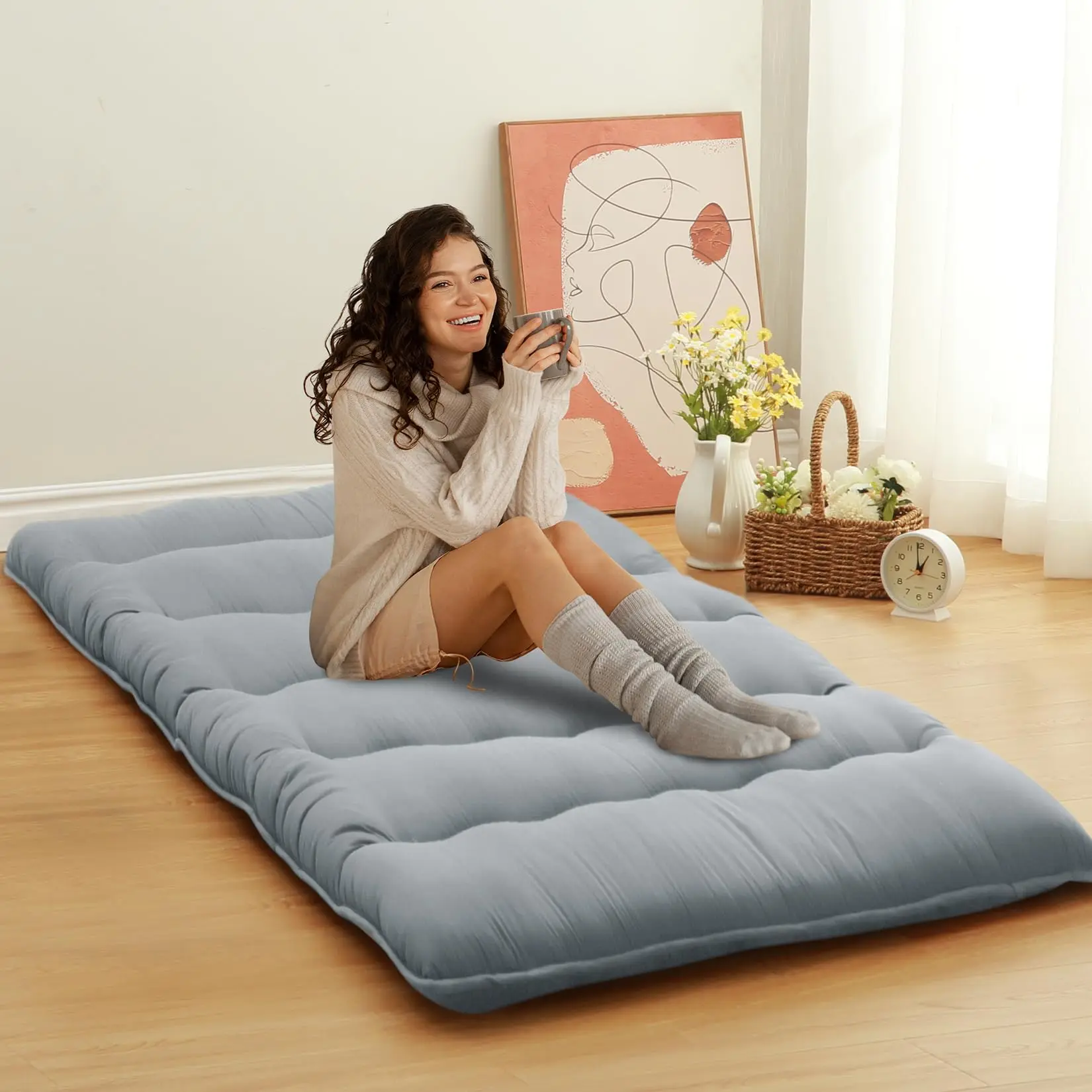 Japanese Futon Mattress for Adults - Twin Size Floor Sleeping Pad, Roll-Up Tatami Mat, Ideal for Camping, Wave Grey Color