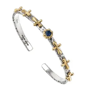 [LUMI92] Solid Sterling Silver w/ D Color & VVS Clarity Synthetic Moissanite Antique Cross Cuff Bracelet for Men Women Adjustable Retro Twisted Cross Bracelets, Ideal Gift