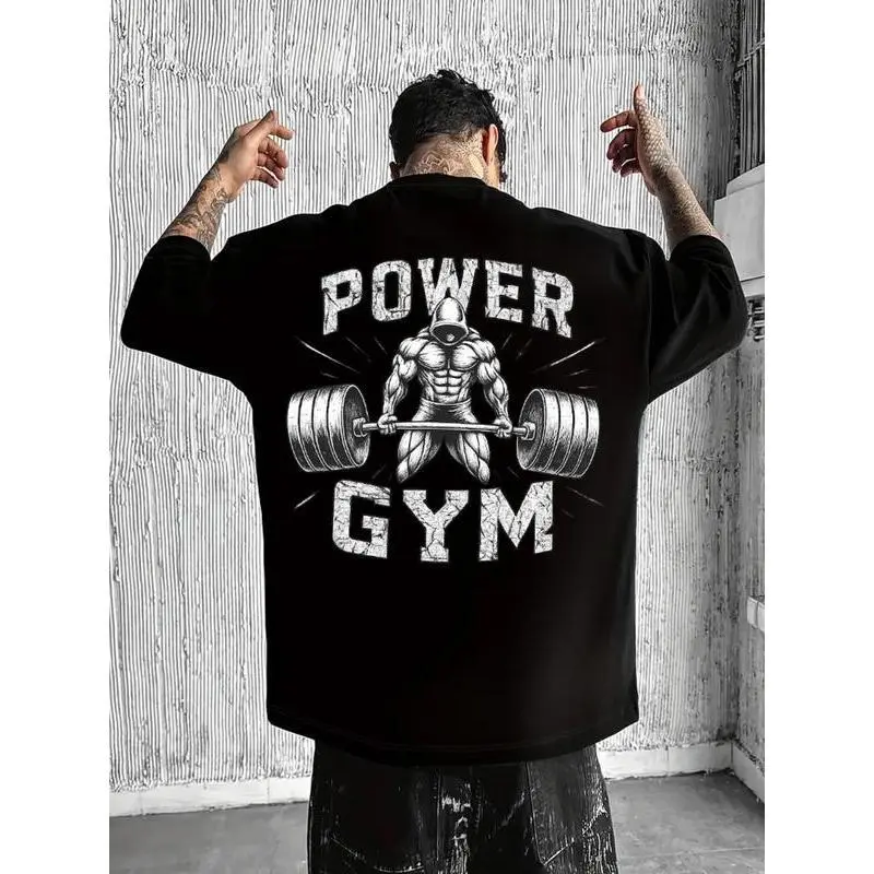 Men's Oversized Cotton Blend Power Gym Graphic T-Shirt - Breathable Crew Neck Athletic Fitness Top, Extended Length, Loose Fit for Movement, All-Season Activewear with Unique Print, Made for Lifting, Training, and Reps