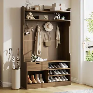 Vividwood Hall Tree with Bench, Simple Style 5 in 1 Hall Tree, Entryway Storage bench3-Layer Shoe Cabinet & 7 Coat Hooks, Separate Drawers, 42.9x15.94x70.86 in (Country Walnut)