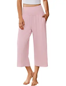Ekouaer Lady's Polyester Wide-Leg Capri Pajama Pants with Pockets, Comfy Nightwear for Lounge, Sleep & Outdoor Use, Part of Women's Pajama Set