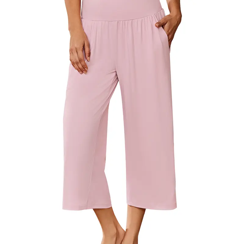 Ekouaer Women's High-Waisted Wide Leg Polyester-Cotton-Spandex Capri Pants - Pocketted, Soft Comfortable Fabric, Easy-Care, Anti-Shrinking Pajama Leg Bottoms for Lounge, Outdoor Use