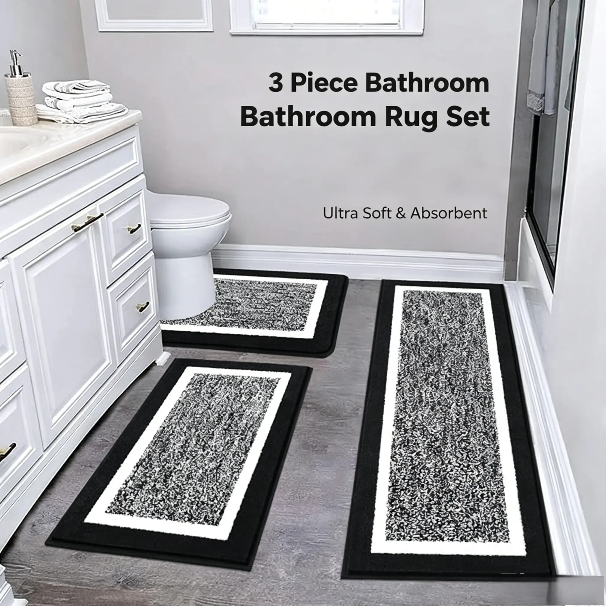 3Pcs Washable Shaggy Microfiber Bathroom Rug Set, Ultra Absorbent Non Slip Bathroom Floor Mats, Multiple Sizes Contour Toilet & Shower Bath Rugs for Home Bathroom