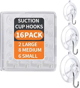 Suction Cup Hooks 16Pack Assorted Size- 6 Small 8 Medium 2 Large, Clear Suction Cup, Stainless Steel Hook, No Trace, Reusable & Removable, for Tile, Glass, Window, Shower, Kitchen, Bathroom