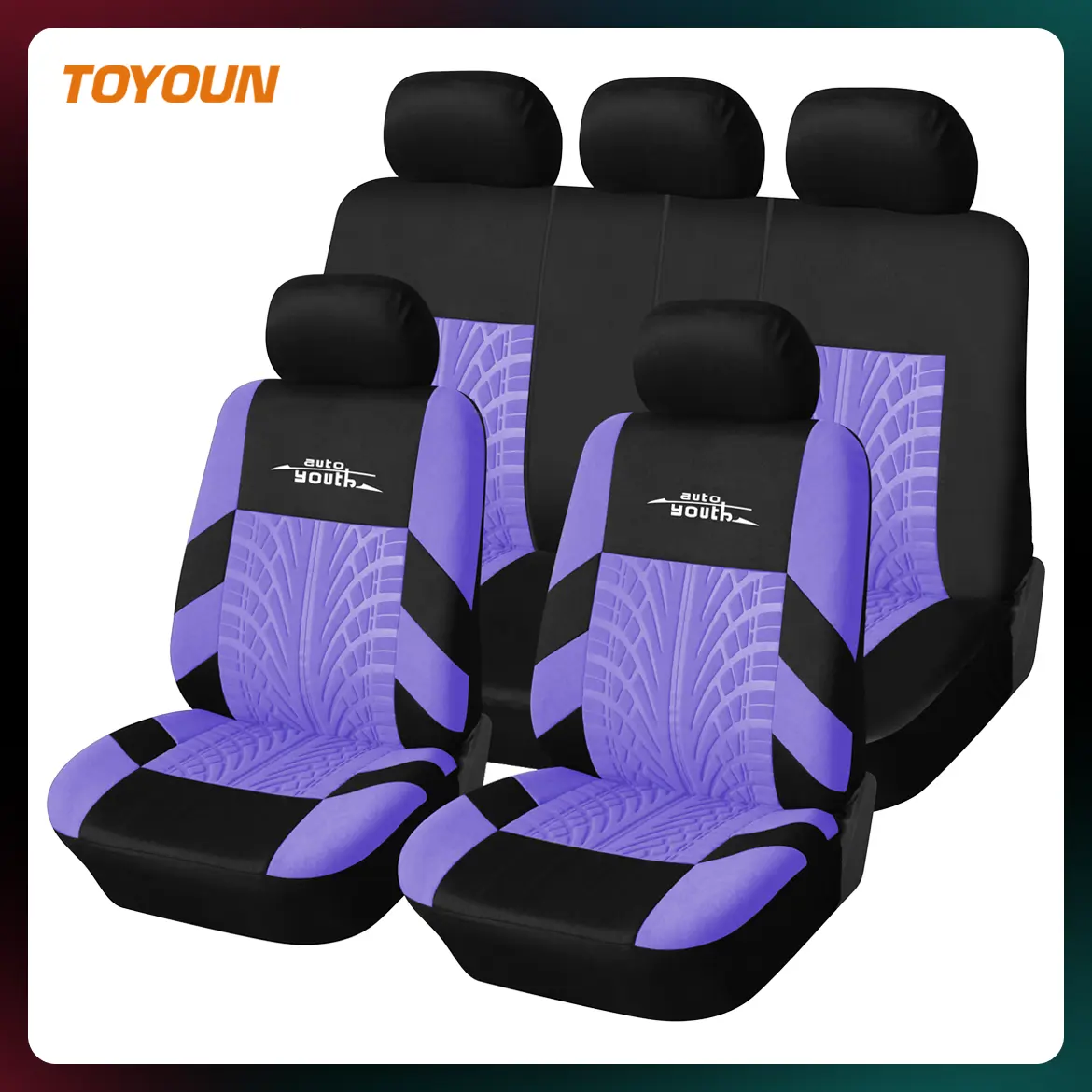 Complete set of 3D tire print car seat covers, universal embroidery details, quick installation, durable fabric, breathable, stain-resistant, easy to clean, car seat protectors, suitable for most cars, trucks, SUVs, auto parts