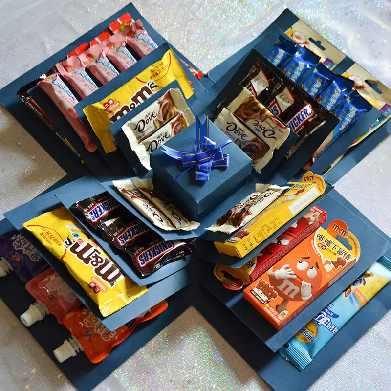 5-Story Surprise Explosion Gift Box with Ribbon, Multi-Pocket Assorted Snack Packs, Candy & Chocolate Storage, Snack Box Set, Snacks Boxes, Perfect for Birthdays, Festivals, Holidays