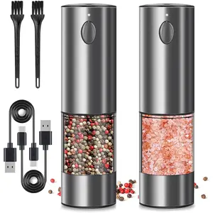 Electric Salt and Pepper  Set, Upgraded Larger Capacity Stainless Steel Automatic Salt and Pepper Mill Set Refillable with 5 Adjustable Coarseness Stainless Steel Color Shaker