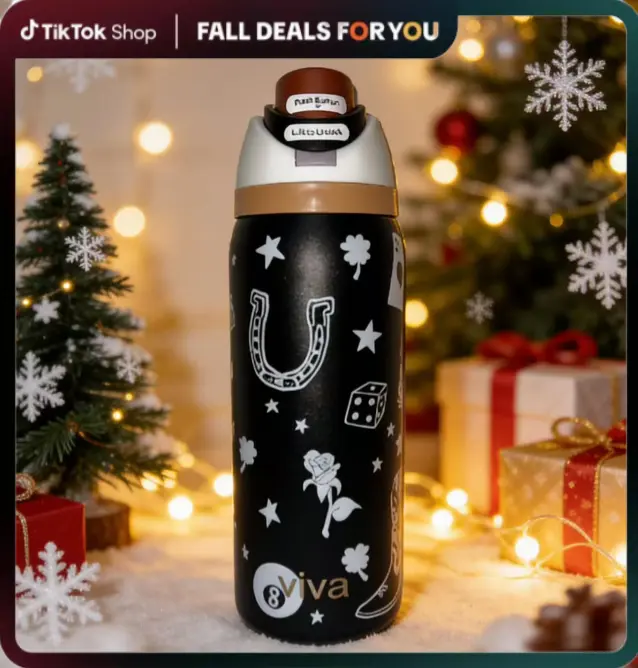 Viva 32oz Stylish Stainless Steel Insulated Tumbler - Poker Pattern, Flip Cover, Leak-Proof, Portable Water Bottle for Drink Storage, Ideal for Home, Office, Gift Giving (Suitable for Adults & Kids), Bottles, Water Bottles