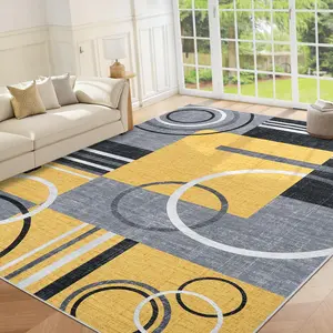 GARVEE Large Area Rug 8x10 Washable Rug for Living Room Abstract Circle Rugs Non Slip Low Pile Soft Rug Stain Resistant Carpet for Bedroom Home Decor, Yellow