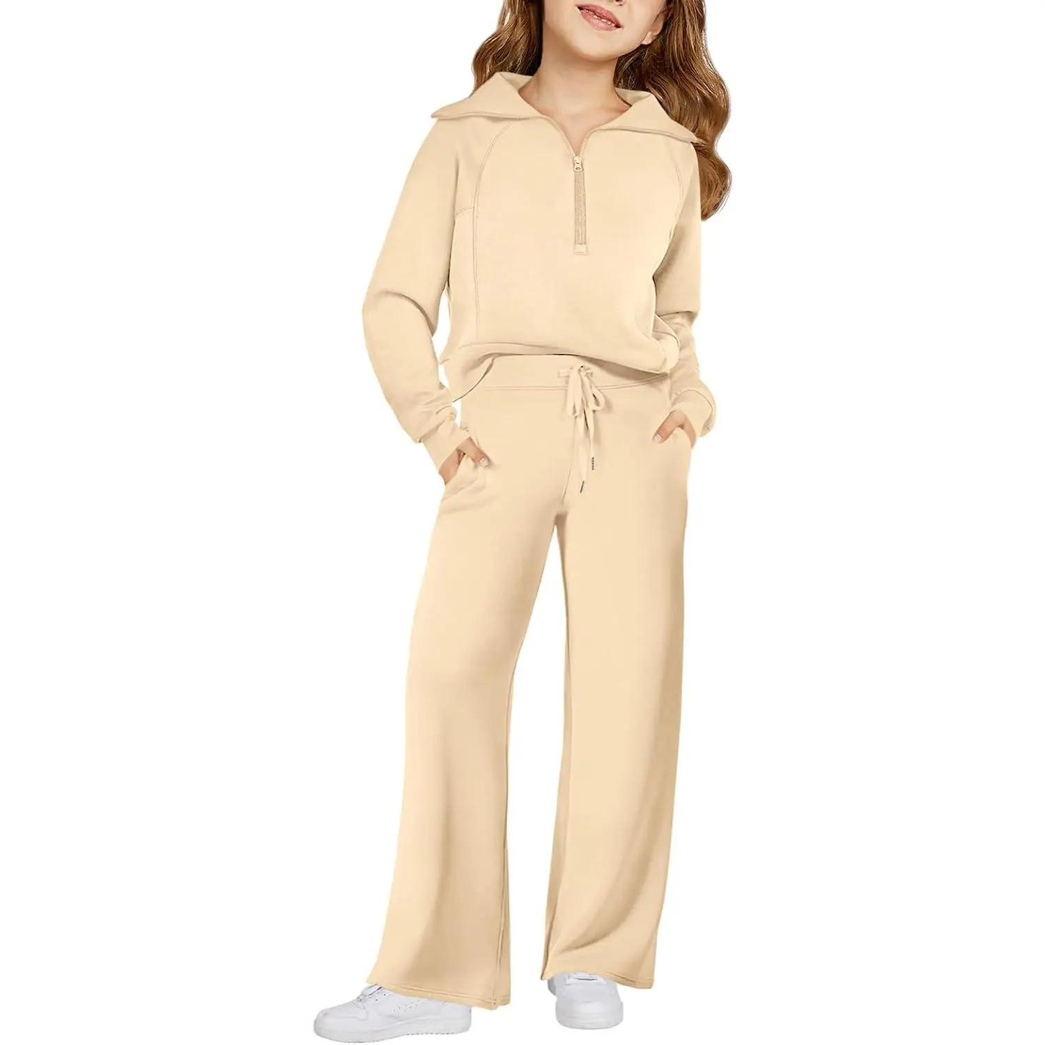 Haloumoning Girls' Basic Casual 2-Piece Fitted Sweatsuit - Half-Zip Long-Sleeve Sweatshirt & Sweatpants Kids Clothing Girls Tracksuit Sets (5-14 Years), Clothes
