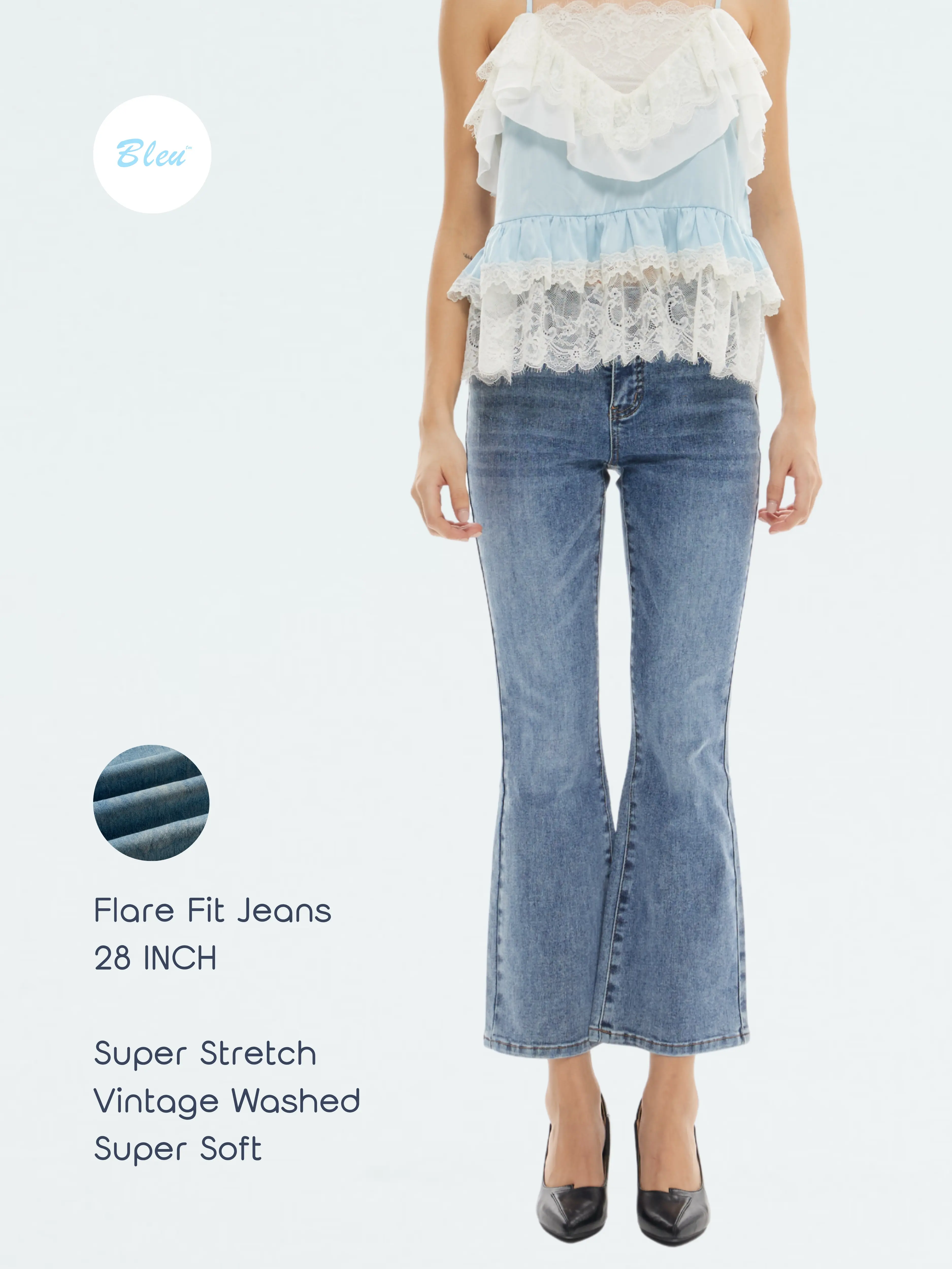 Bleu Women’s Super Stretch Cotton Denim Bootcut Jeans - Streetwear Basic Medium Washed Vintage Blue High Rise Bottom Clothes, 28 in Inseam Ankle Length Pants, Stretch Flex