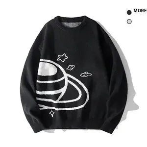 Galaxy Vibe Black Sweater Planet Star & Cloud Motif Menswear Stylish Hoodie Sweatshirts Tops Pullover Long Sleeve Love with Customizable Cloud Color Option