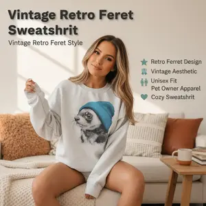 Women's Retro Ferret Beanie-Print Casual Round Neck Hoodie, Cotton-Polyester Blend Unisex Pet Owner Sweatshirt