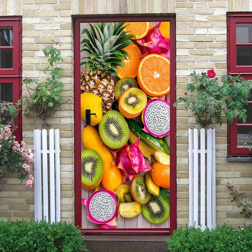 2pcs Tropical Fruit Wall Stickers Creative Kitchen Dining Room Wall Decor Self Adhesive Removable Pineapple Kiwi Dragon Fruit Orange Fruit Pattern Decals Home Bedroom Living Room Background Wall Decorat