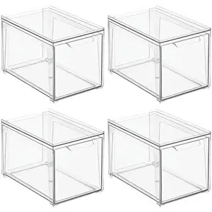 Plastic Stackable Bathroom Storage with Pull Out Bin Organizer Drawer for Cabinet, , Shelf, Cupboard, Cabinet, or Closet Organization - Lumiere Collection - 4 Pack - Clear