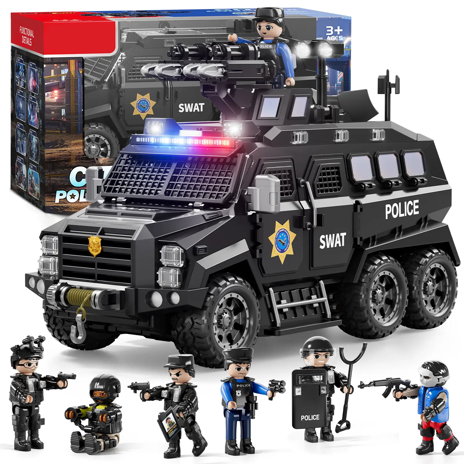 City SWAT armored police car model with built-in LED lights, complete set of tactical weapons and police gear accessories, includes police and criminal minifigures, heavy armor vehicle assembly toy suitable for boys aged 6, creative military role-play toy
