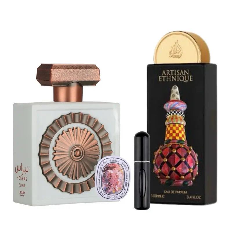 Lattafa Unisex EDP Fragrance Multi-Pack Bundle Set - Pride Nebras Elixir + Artisan Ethnique (100ml Spray Each), 5ml Refillable Bottle, Scented Car Accessory, Cinnamon, Sugar, Cream, Rum, Caramel, Musk, Ambroxan, Wood Notes, Tonka Bean, Sugar Cane, Vanilla