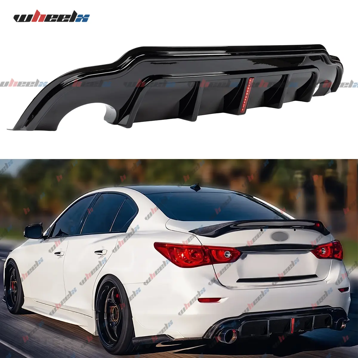 2014-2024 – Infiniti Q50 – WHEELX Rear Diffuser w/ LED Brake Light – Gloss Black Shark Fin Vortex | Fits 2.0t 3.0t All Models