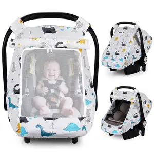 Car Seat Cover Baby, Carseat Covers Girl Boy, Breathable Muslin Cotton, Large Mesh Window, Infant Car Seat Canopy Baby Carrier Cover Stroller Sun Shade for Summer & Hot Day