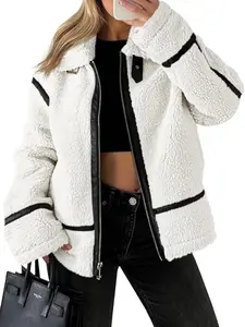 Womens Faux Fur Jackets Winter Trendy Sherpa Moto Leather Patchwork Zip Up Coat