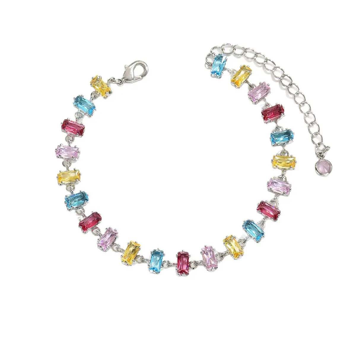 Women's Polished Shine Rainbow Hues Baguette Cut Cubic Zirconia Tennis Bracelet - Adjustable Size, Everyday Wear Costume Jewelry Gift