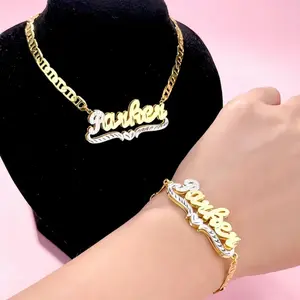 18K Gold Plated Double Nameplate Necklace & Bracelet Set