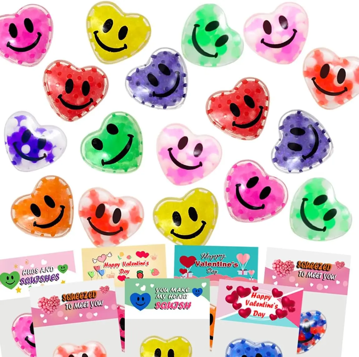24 Pack Valentine’s Day Cards with Heart Stress Balls – Squishy Squeeze Toys for Kids, Valentine Party Favors & Classroom Exchange Gifts