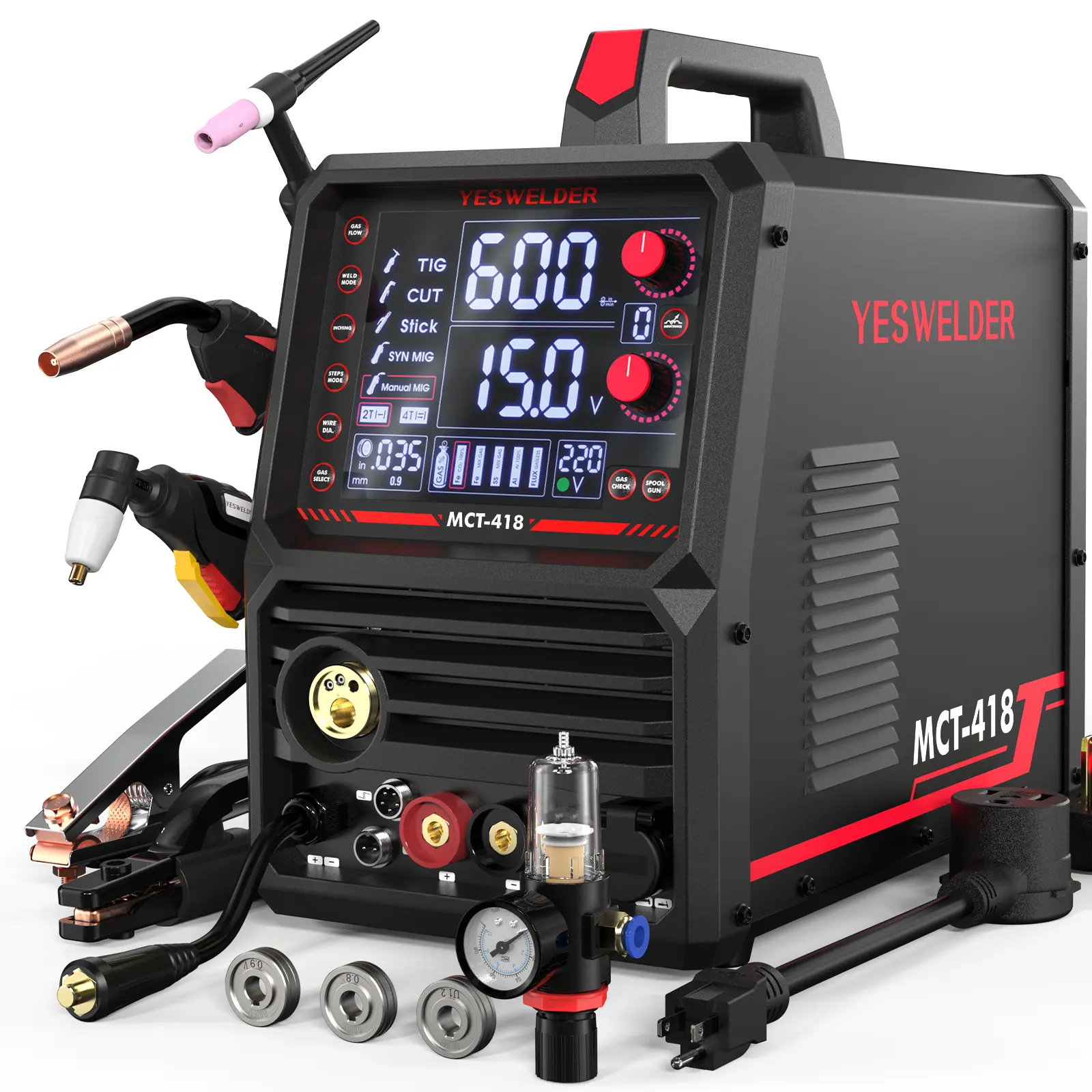 YES-HJ-MCT-418 Multifunctional Welders Combo&Plasma Cutter, 6-In-1 MIG/Flux Core MIG/CUT/TIG/Stick/Spool Gun Compatible, 180A MIG/TIG/Stick & 40A CUT, 110V/220V MCT418