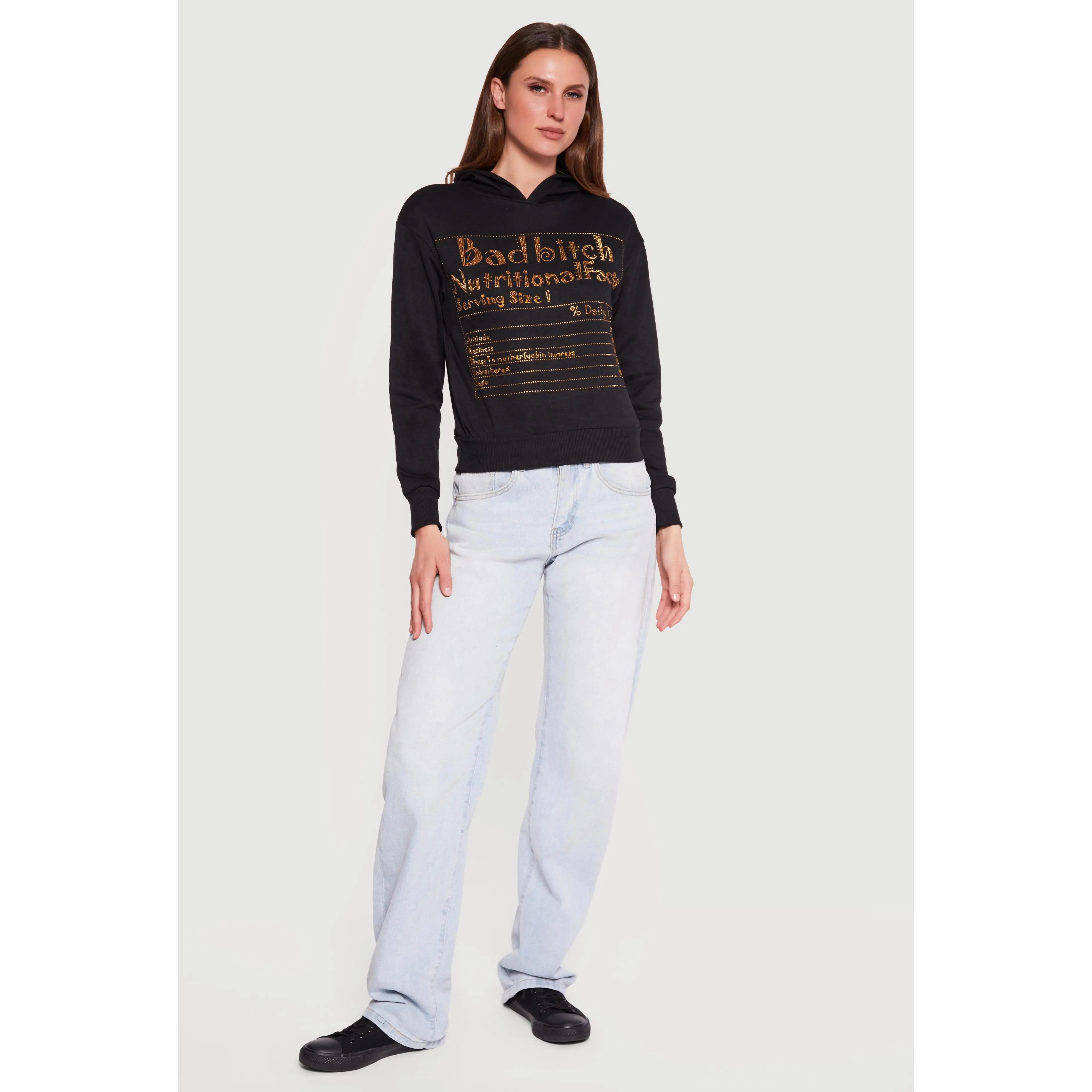 Bad Bitch Nutritional Facts Rhinestone Studded Hoodie