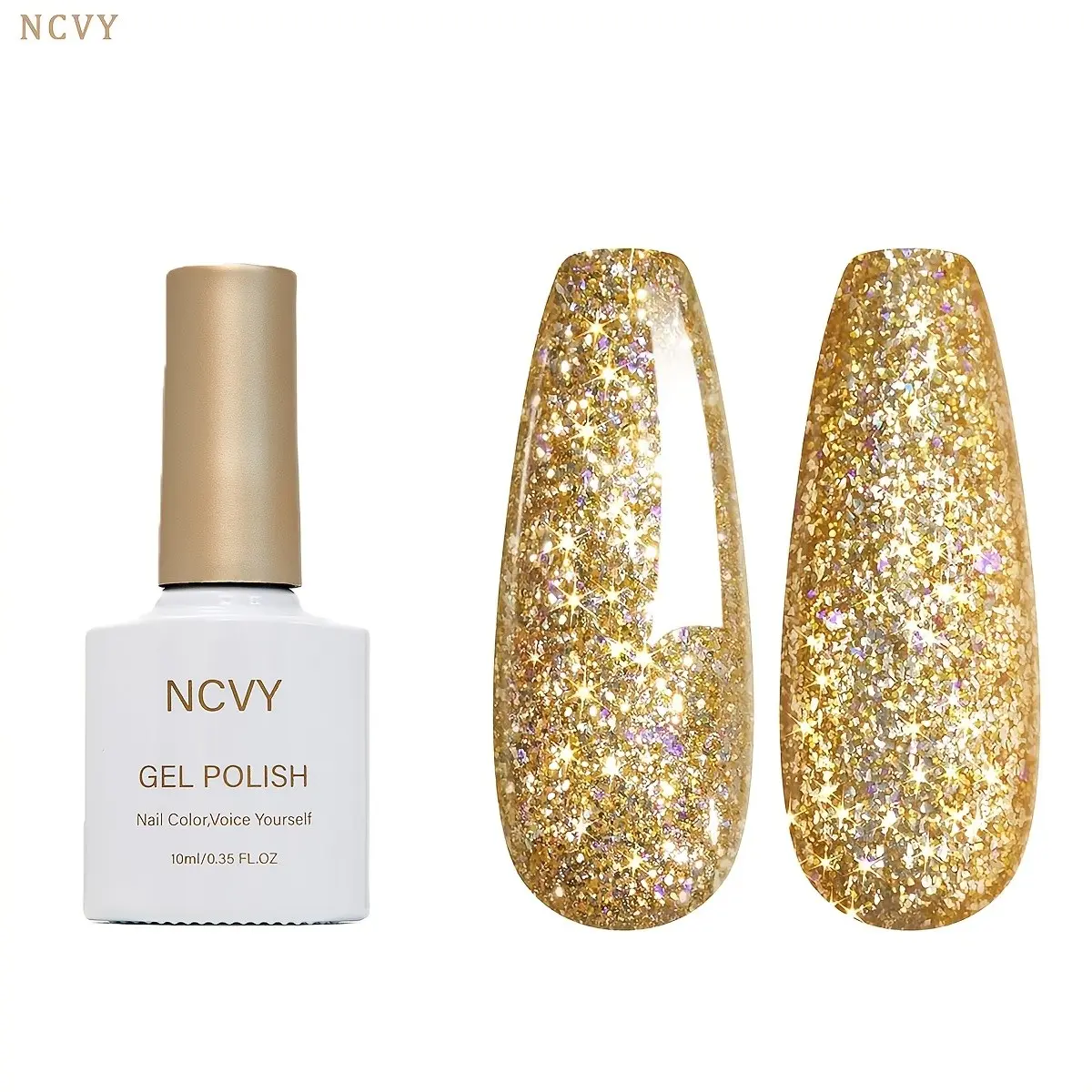 NCVY Gold Glitter UV LED Gel Nail Polish, 10ml/0.35oz, Uv light gel, long-lasting formula with LED curing, salon quality, perfect for DIY, ideal gift for spring/summer, safe formula free of HEMA, Manicure, Nail Art