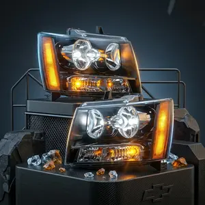 For 2007-2014 Chevy Tahoe Suburban Avalanche Headlight Assembly, Black Housing Amber Reflector, OE Style Replacement, Plug & Play (Left + Right Pair)