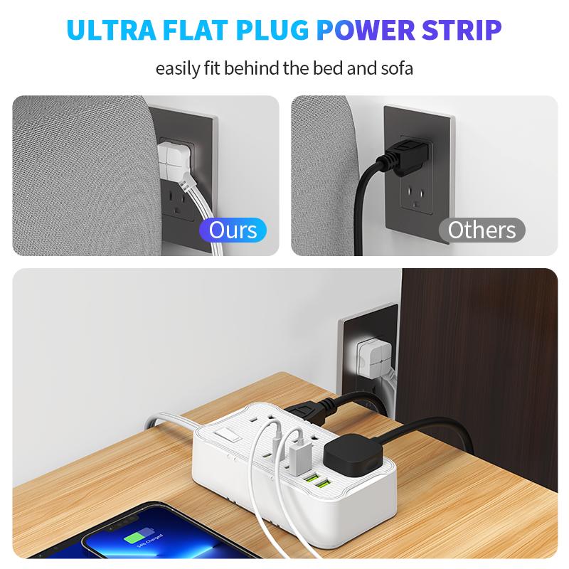 6.5FT/10FT/15FT extension line power board, 1pc 12-in-1 power board/power socket/power strip, 6 AC sockets, maximum power of 1250.W, 10A, 3 USB 3Type-C, suitable for home, office, travel and computer.