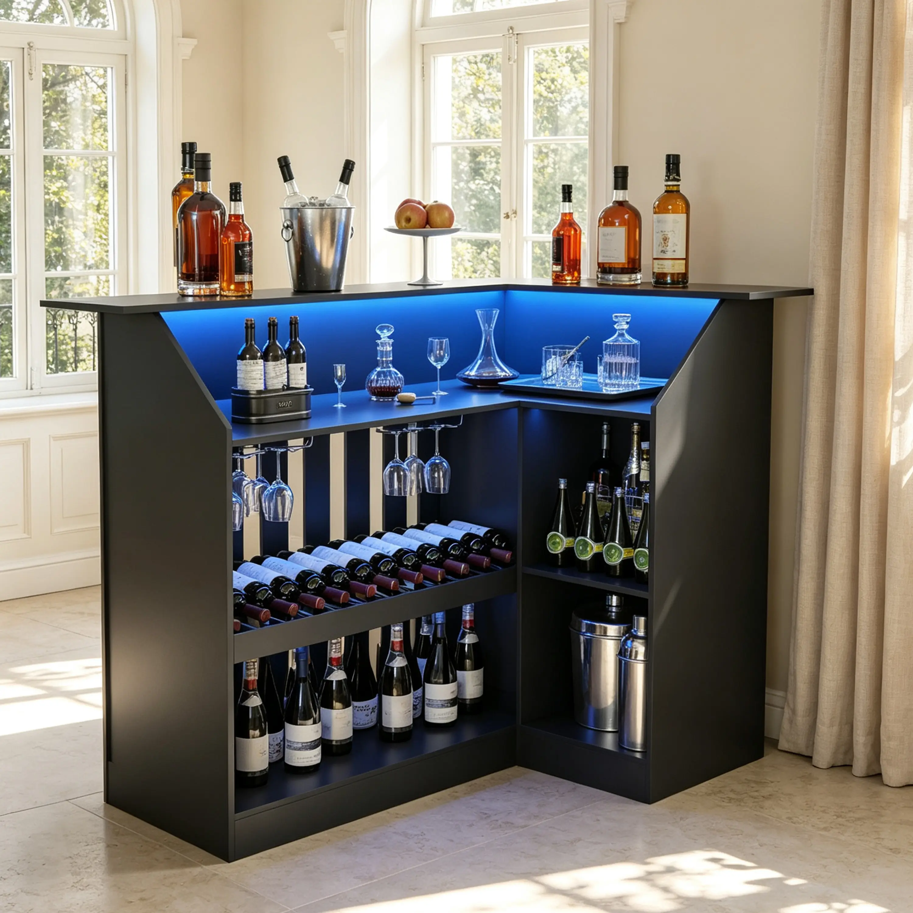 Gyfimoie L Shape Bar Tables with Led Light,Home Bar Unit with Stemware Racks & Movable Bottle Racks, 4-Tier Black Drink Bar Stand with Grille, Corner Wine Bar Cabinet Basement Bars