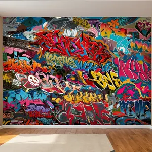2D Flat Banner Party Poster, City Graffiti Polyester Wall Background, Decorative Photo Prop, Home Room Wall Decoration