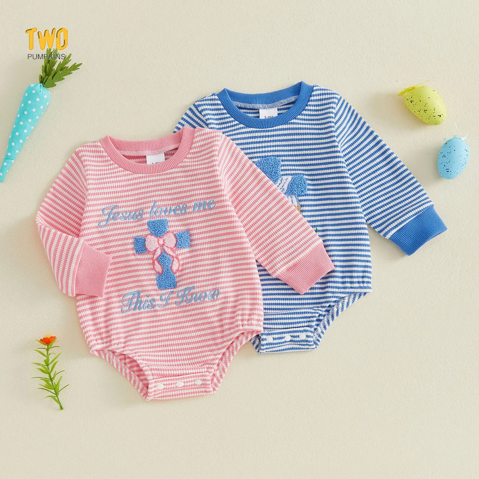 Easter Baby Girls Striped Romper Letter Cross Embroidery Long Sleeve Jumpsuits For Newborn Infant Fashion Clothes