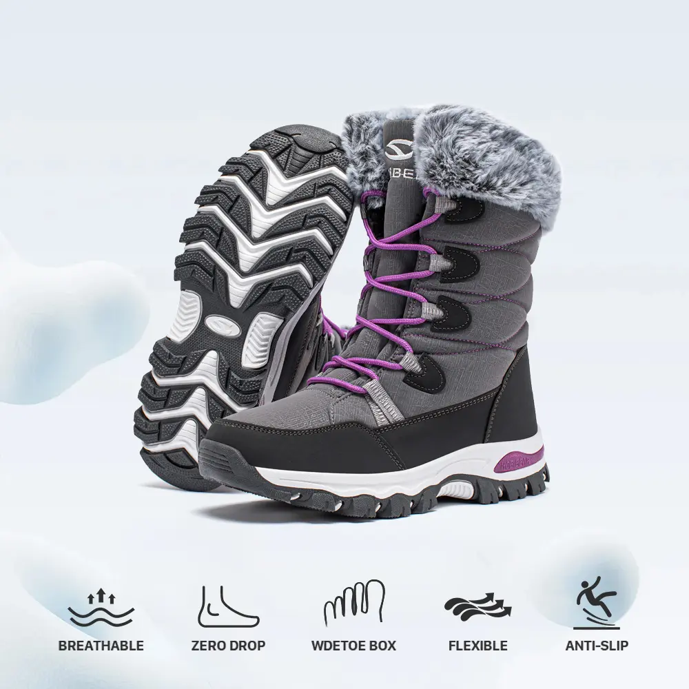 HOBIBEAR Winter Boots for Women, Waterproof Lace-Up Mid-Calf Walking Shoes with Round Toe and Warm Faux Fur Lining for Casual Wear, Slip Resistant, Fabric, Cloth, Laces, Great For Daily Winter Walks