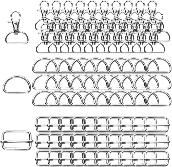 90PCS Alloy Key Ring Set, Rotating Carabiner Hooks, 25 mm D Rings and Metal Sliding Buckles for Handbag, Lanyard, Purse, Bags, Straps, Dog Collars and Sewing Projects