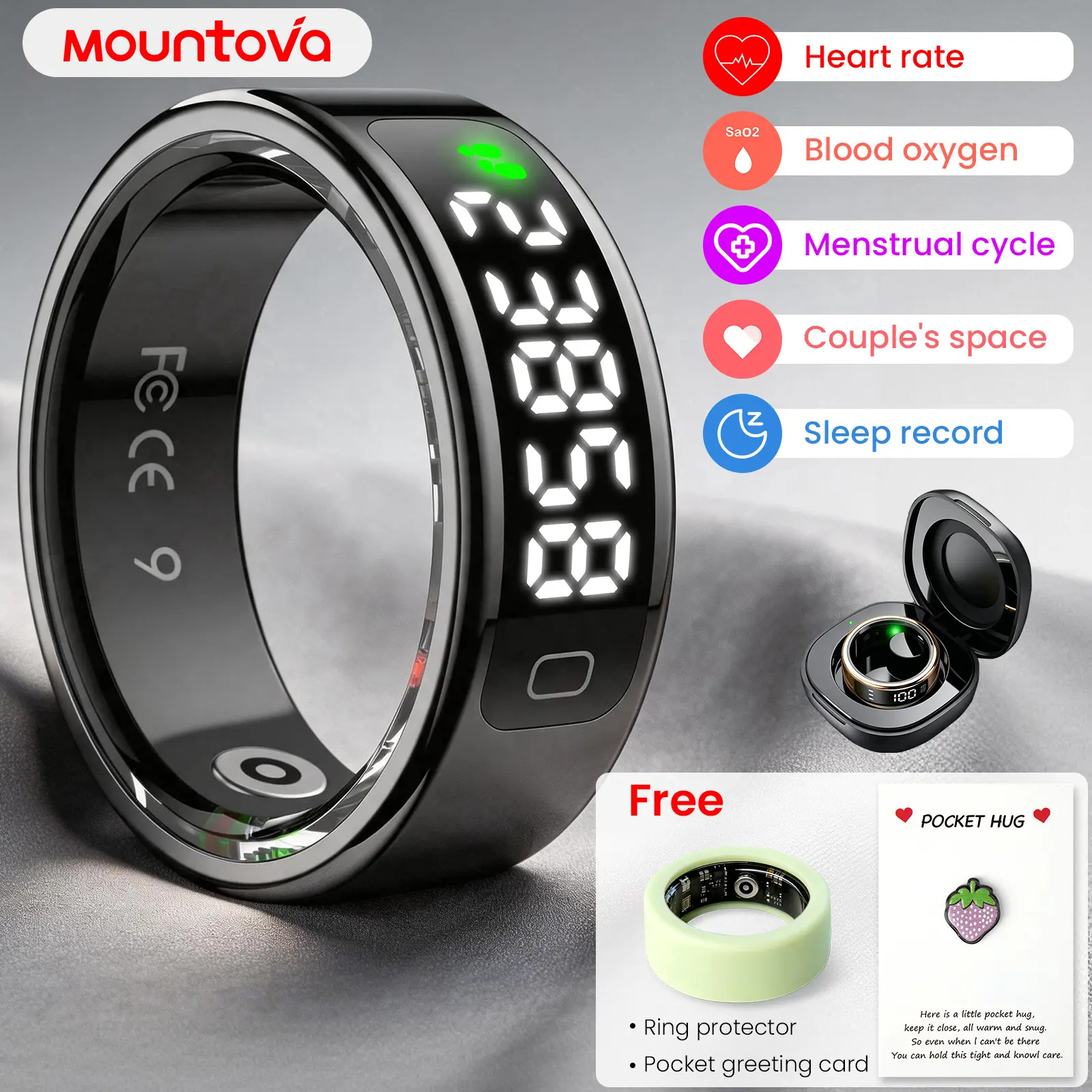 Smart Ring with LED Screen - Wireless Fitness Tracker, Health & Period Monitor, Camera Remote, Stainless Steel Wearable Tech, Couples Gift, Black/Rose Gold/Silver, Battery-Powered, TikTok Shop Summer Sale