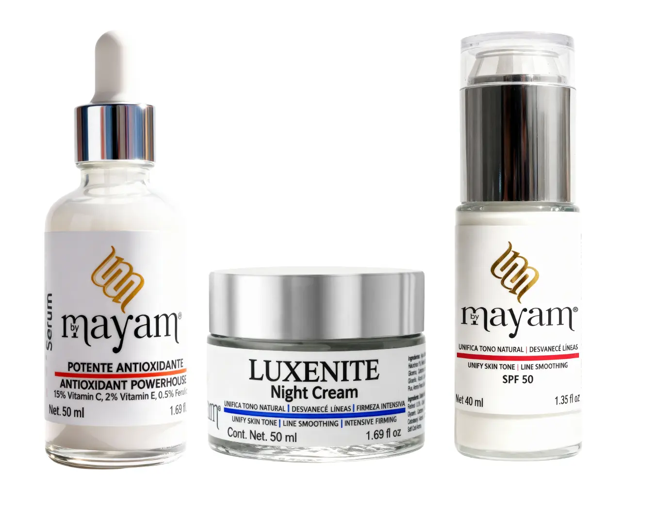 Mayam Beauty Anti-Manchas Kit Skincare Products from Mexico with Day Cream SPF50( RED) + Serum (ORANGE) + Night Cream (BLUE) for Dark Spot Removal & Anti-Aging Benefits
