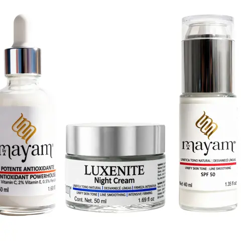 Mayam Beauty Anti-Manchas Kit Skincare Products from Mexico with Day Cream SPF50( RED) + Serum (ORANGE) + Night Cream (BLUE) for Dark Spot Removal & Anti-Aging Benefits