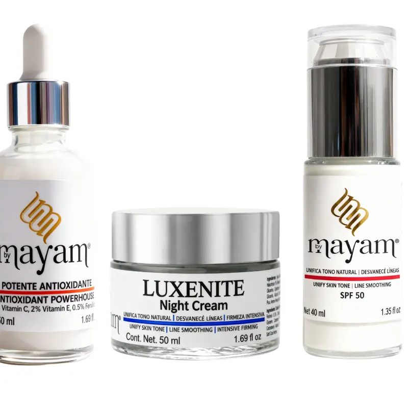 Mayam Beauty Anti-Manchas Kit Skincare Products from Mexico with Day Cream SPF50( RED) + Serum (ORANGE) + Night Cream (BLUE) for Dark Spot Removal & Anti-Aging Benefits