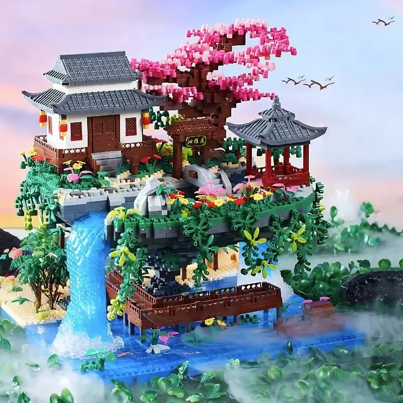 Creative Landscape Building Blocks, 2561pcs Peach Blossom Pond Handmade Toy, Abs Material, Mixed Color, DIY Building Model, DIY Assembly Puzzle, Assembly Bricks