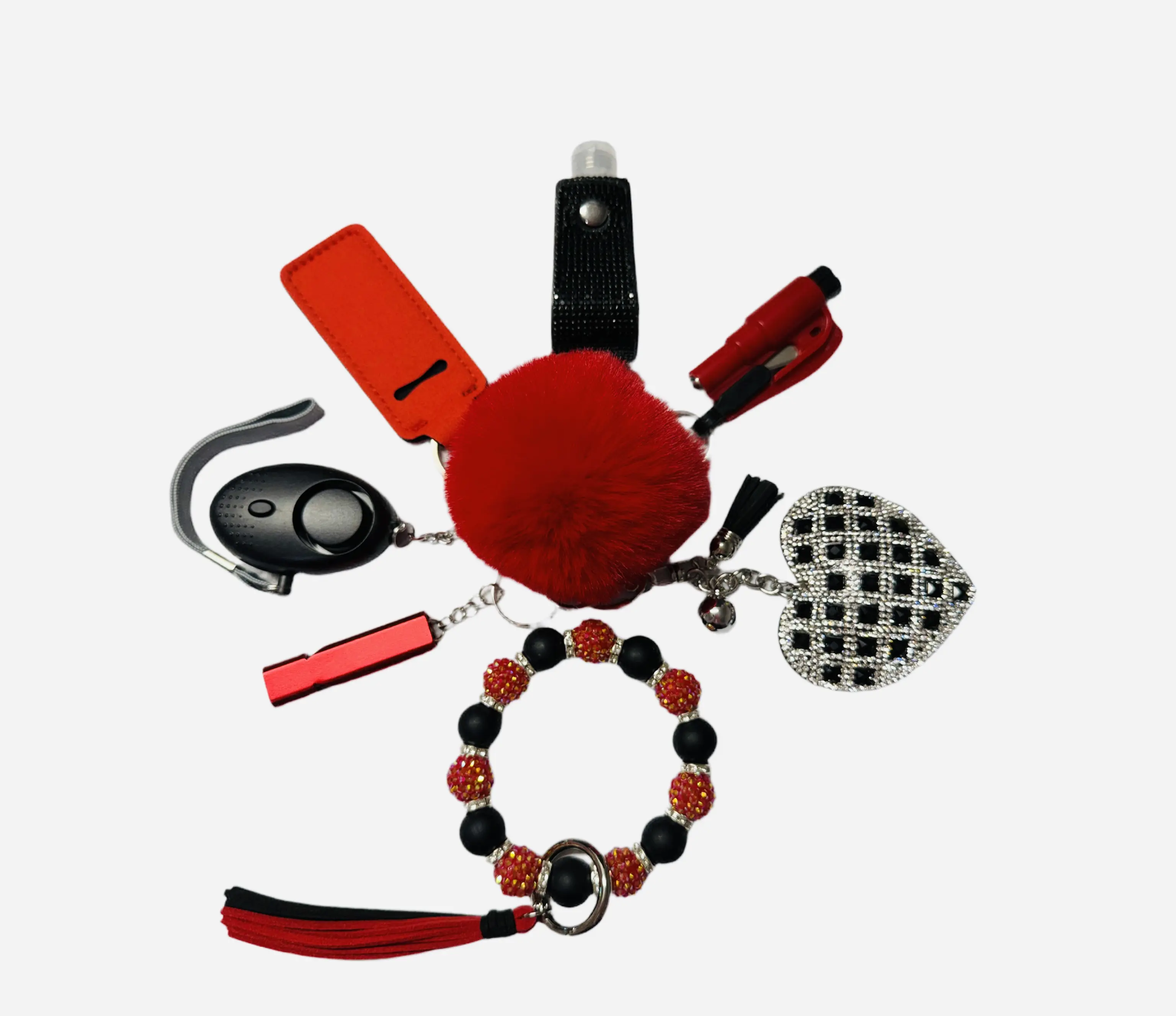 Red and Black Safety and Accessory Keychain Set with Silicone Beads & Diverse Accessories for Women's Everyday Essentials