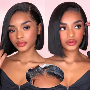 Bob Wig Human Hair Glueless Wigs Human Hair Pre Plucked Pre Cut 13x4 HD Lace Front Put On and Go Glueless Wigs Human Hair 200% Density Short Straight Bob Wigs for Black Women 14 inch
