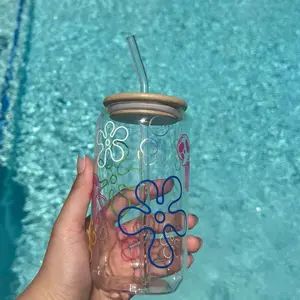 SpongeBob Bikini Bottom Inspired 16 oz beer glass can with bamboo lid and glass straw | cute gift / summer cup Drinkware