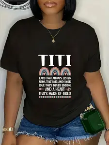 Plus Size, Women's Black Titi Auntie Appreciation T-Shirt - Funny & Heartfelt Quote Short Sleeve Round Neck Casual Top with Golden Lettering & Rainbow Hearts - Comfortable Casual Attire Gift for Aunties, Cute Shirts, Graphic Tees Women, T Shirts for